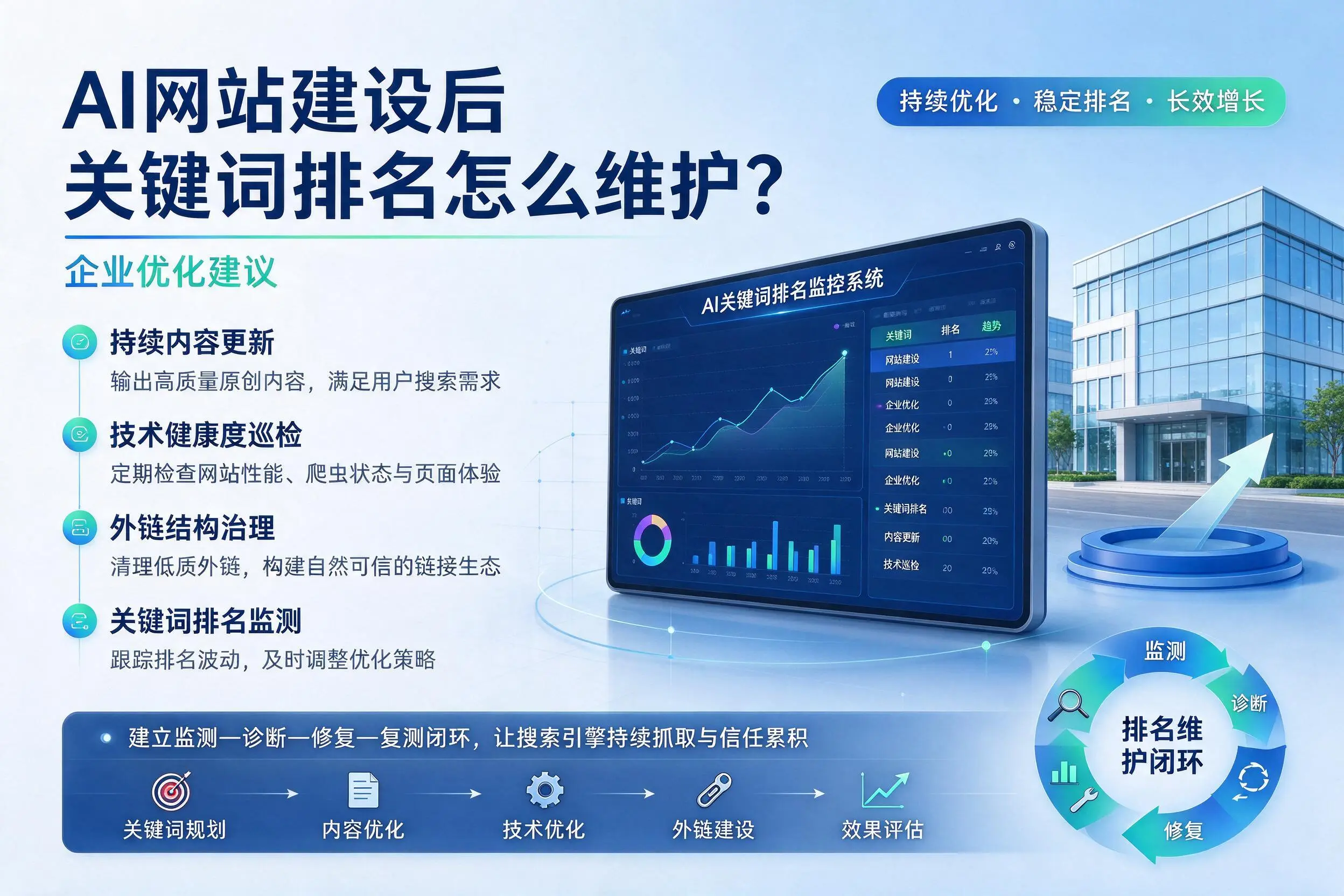 AI网站建设后关键词排名怎么维护?铜川企业优化建议