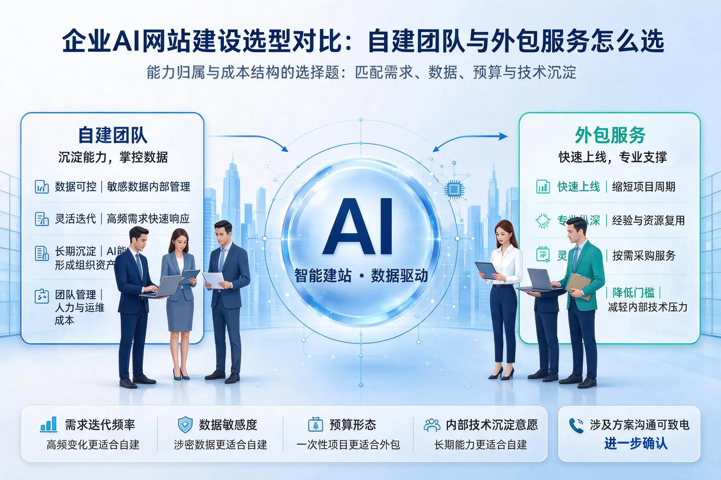铜川企业AI网站建设选型对比:自建团队与外包服务怎么选